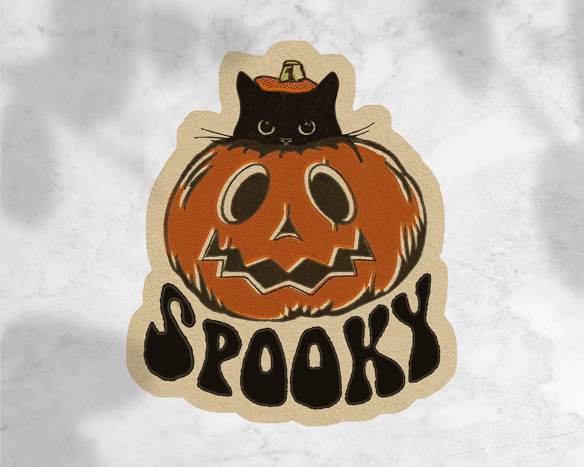 Halloween-themed sticker with a black cat on a pumpkin and &