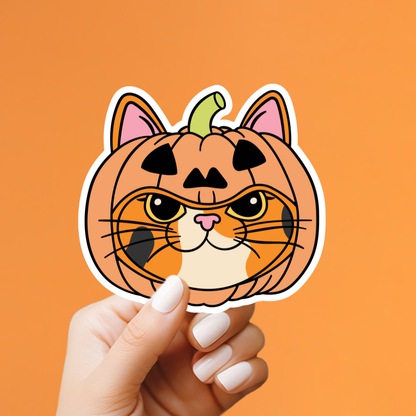 A hand with white manicured nails holds a die-cut sticker shaped like a pumpkin-headed cat face. The sticker features an orange cat face carved like a jack-o&