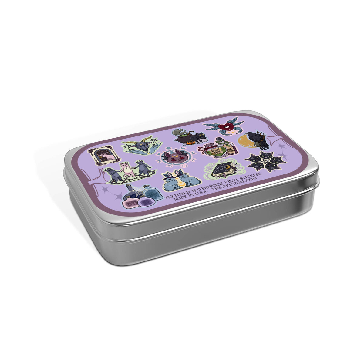 Metallic tin with a purple lid featuring illustrations on a white background