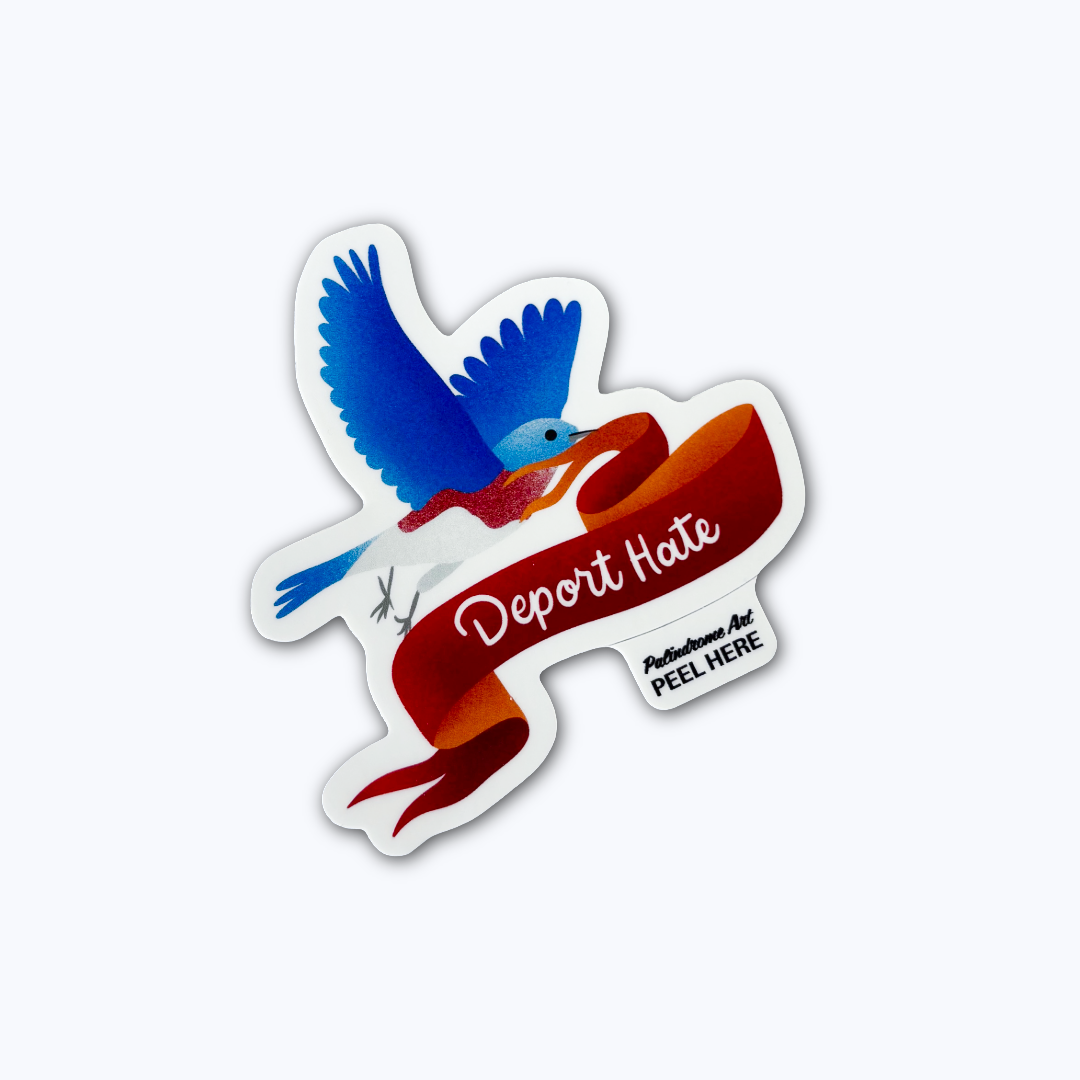 Sticker with a sparrow carrying a banner reading &
