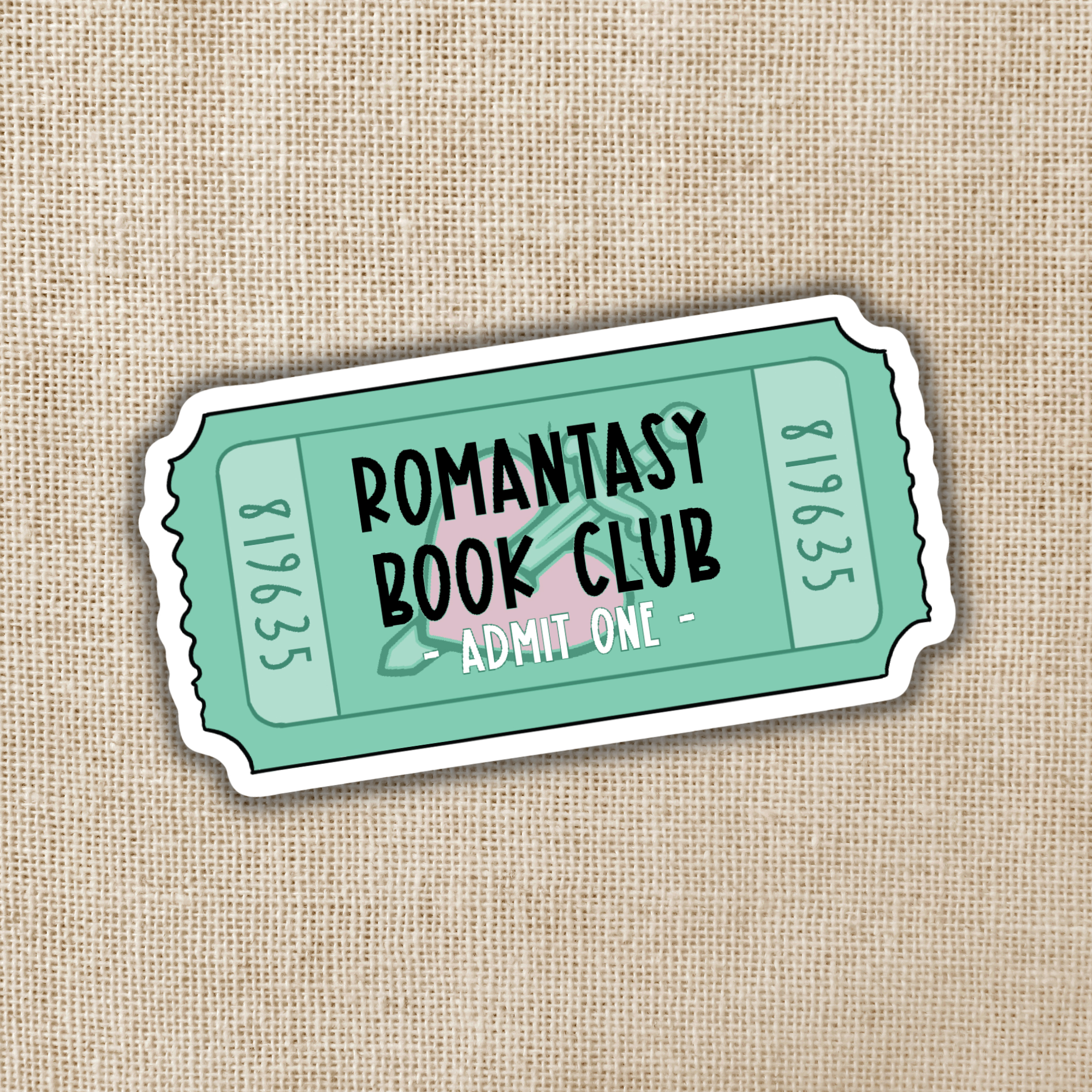 Sticker resembling a movie ticket with &
