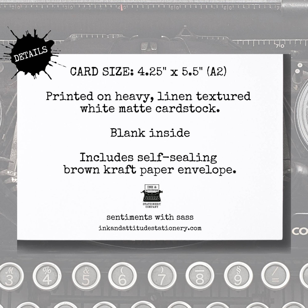 Card with text detailing size, material, and features on a gray background with stationery-themed elements.