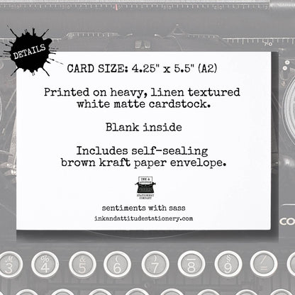 Card with text detailing size, material, and features on a gray background with stationery-themed elements.