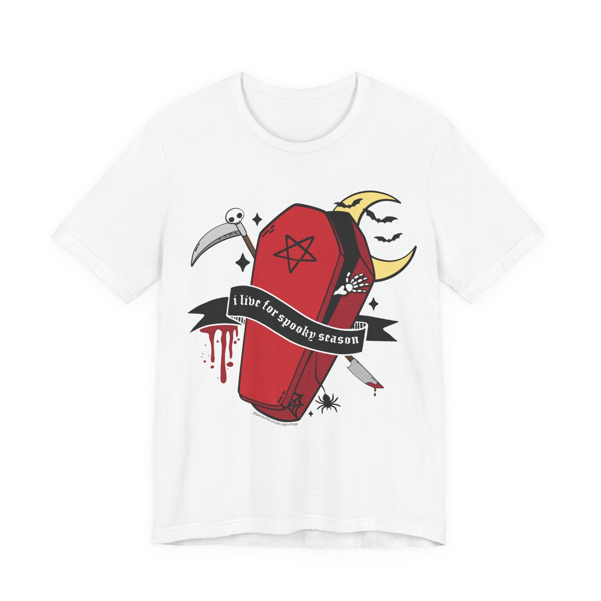A white short-sleeve crewneck t-shirt featuring a gothic graphic print of a red coffin with a black pentagram, a black banner reading &