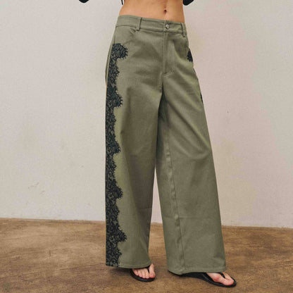 The Margot Lace-Trim Twill Pant — Olive