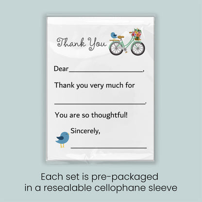 The image is a thank you card with a bicycle and a bird on it. Each set is pre-packaged in a resealable cellophane sleeve.