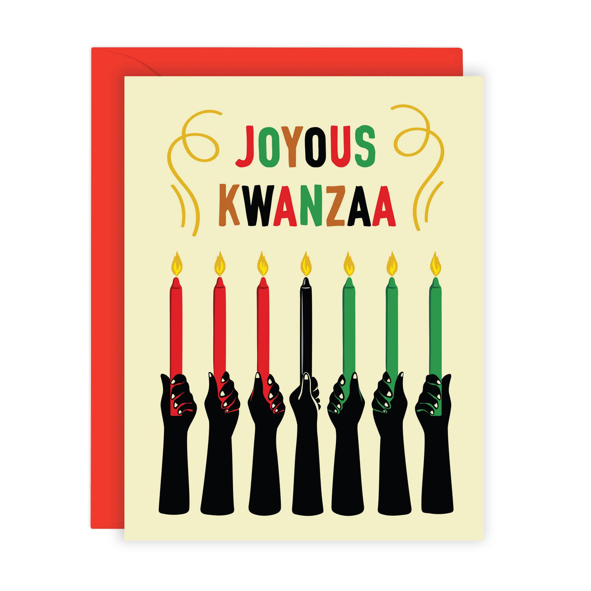 A Kwanzaa greeting card with a red envelope, featuring the words &