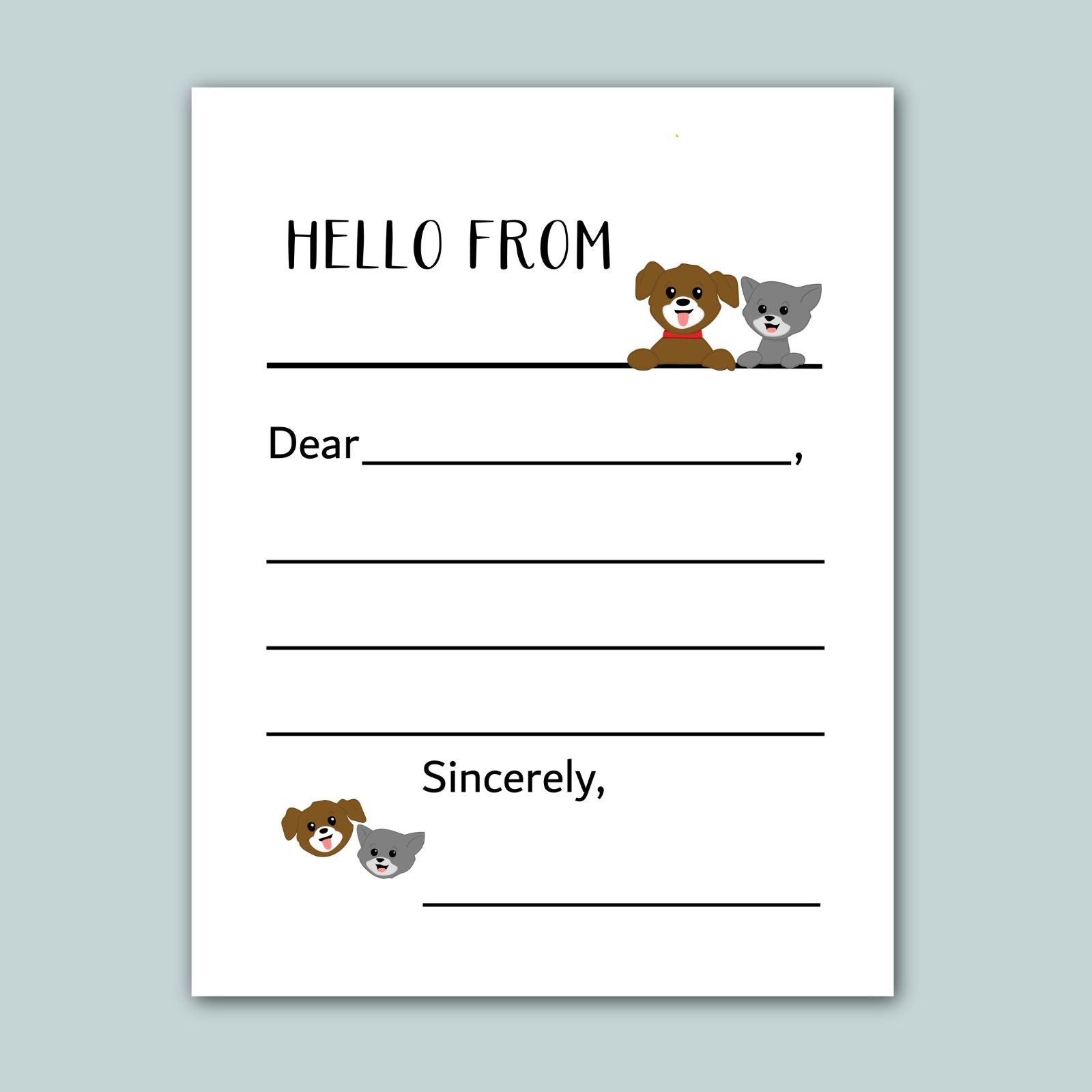 a blank letter addressed to someone named Sincerely, with a playful and friendly tone. The letter is decorated with a cartoon image of a dog and a cat, adding a lighthearted touch to the message.
