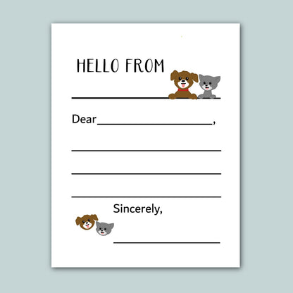 a blank letter addressed to someone named Sincerely, with a playful and friendly tone. The letter is decorated with a cartoon image of a dog and a cat, adding a lighthearted touch to the message.