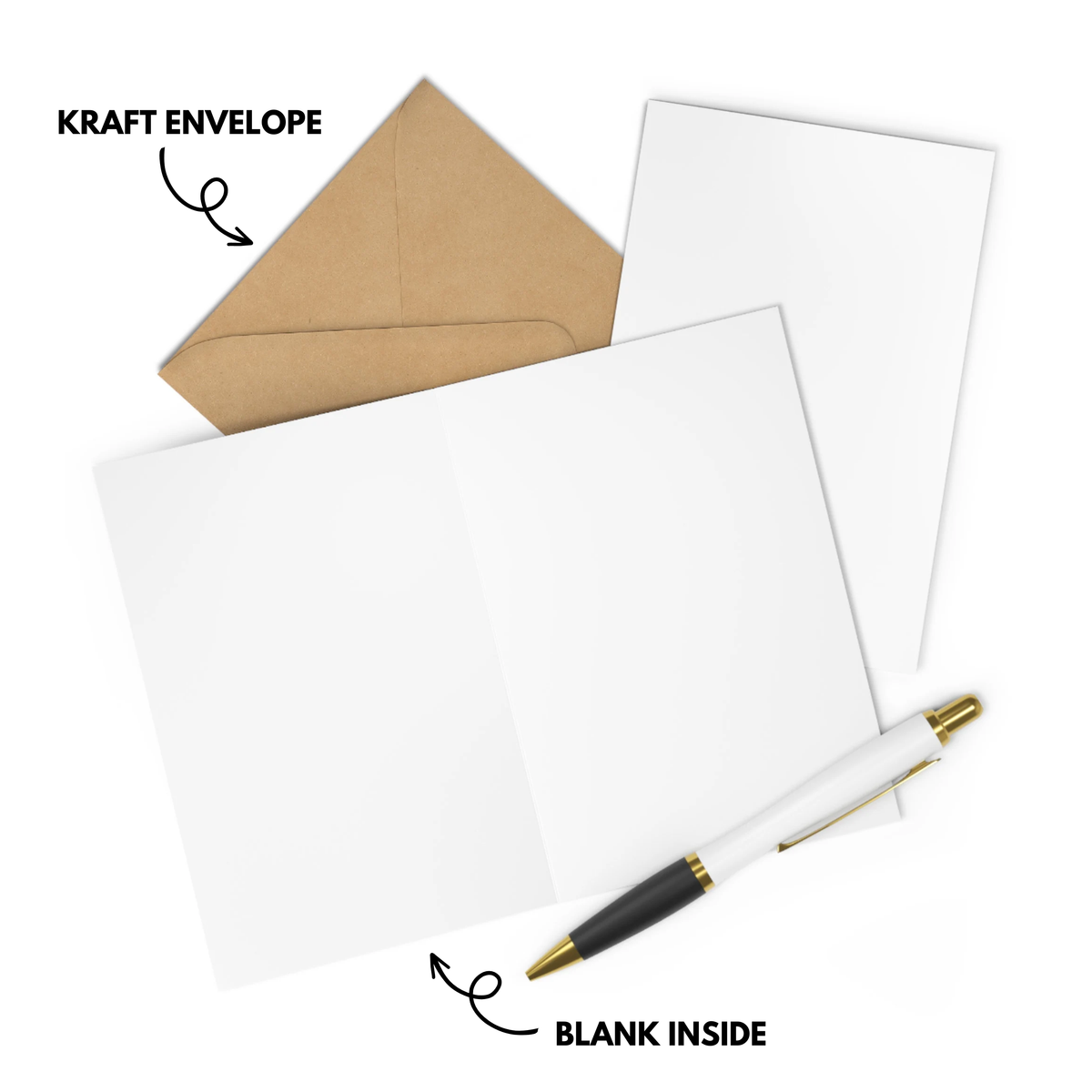 Kraft envelope, blank white cards, and a pen on a white background