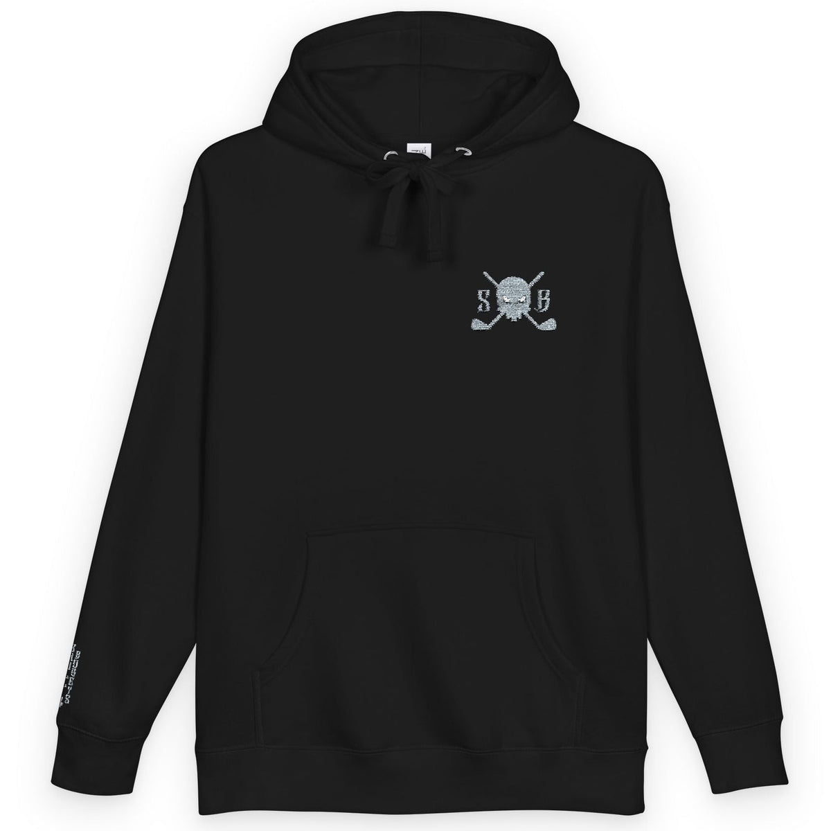 A black pullover hoodie with a small white graphic on the left chest featuring a skull and crossed hockey sticks with the letters &