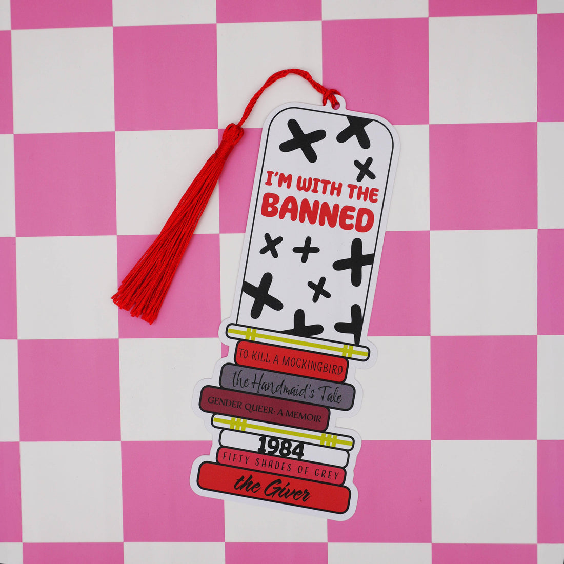 Bookmark with tassel on a pink and white checkered background
