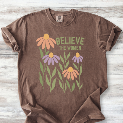 Feminist T-Shirt, Floral Believe the Women Epstein Survivors
