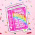 Sticker design of a book with colorful text on a pink background with sprinkles.