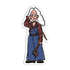 A cartoon-style die-cut sticker of a woman with long white hair, wearing a red plaid shirt and blue overalls while holding an axe, shown on a plain white background.
