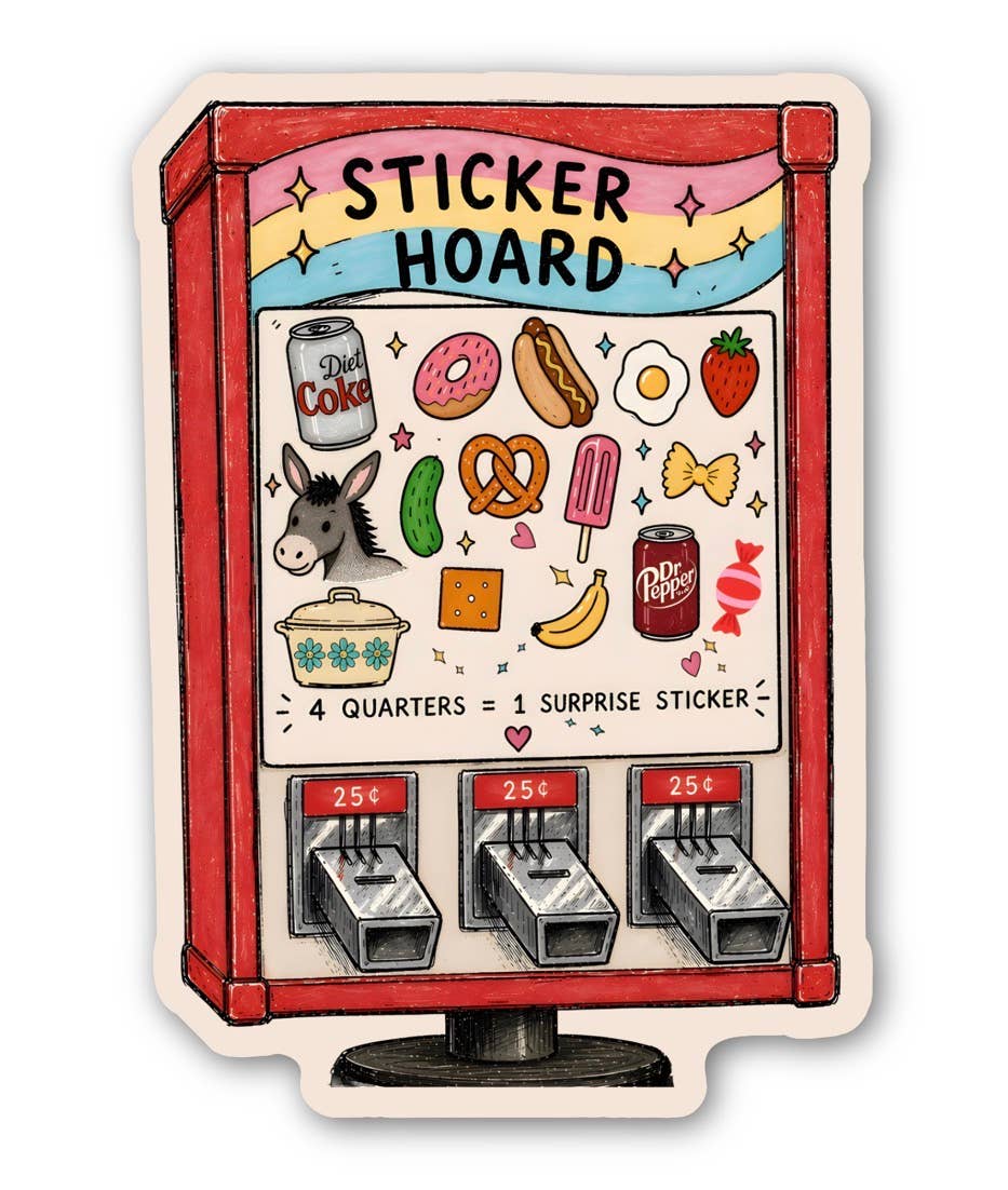 Sticker vending machine with various stickers on a white background