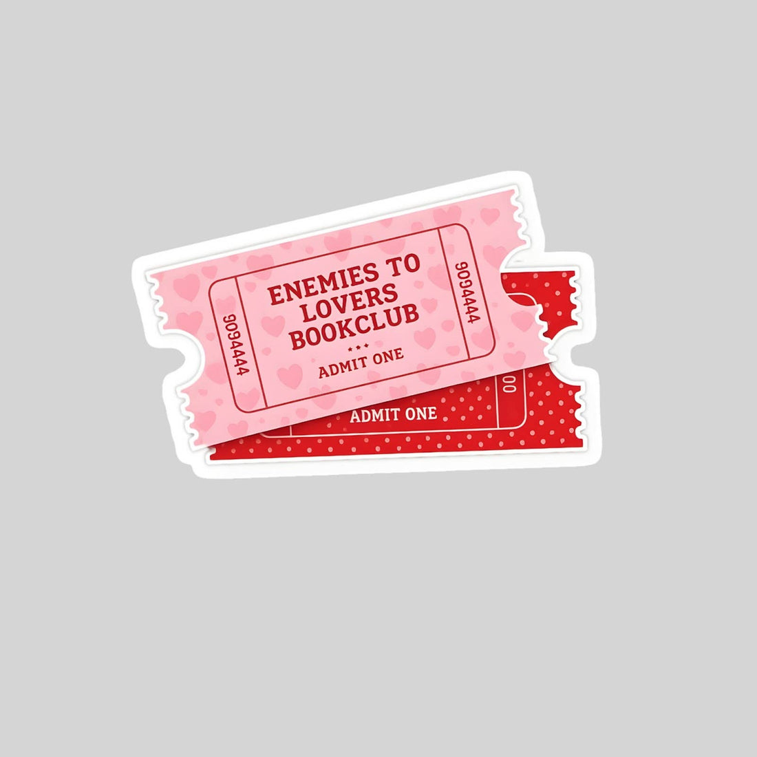 Two pink and red book club tickets with text on a gray background