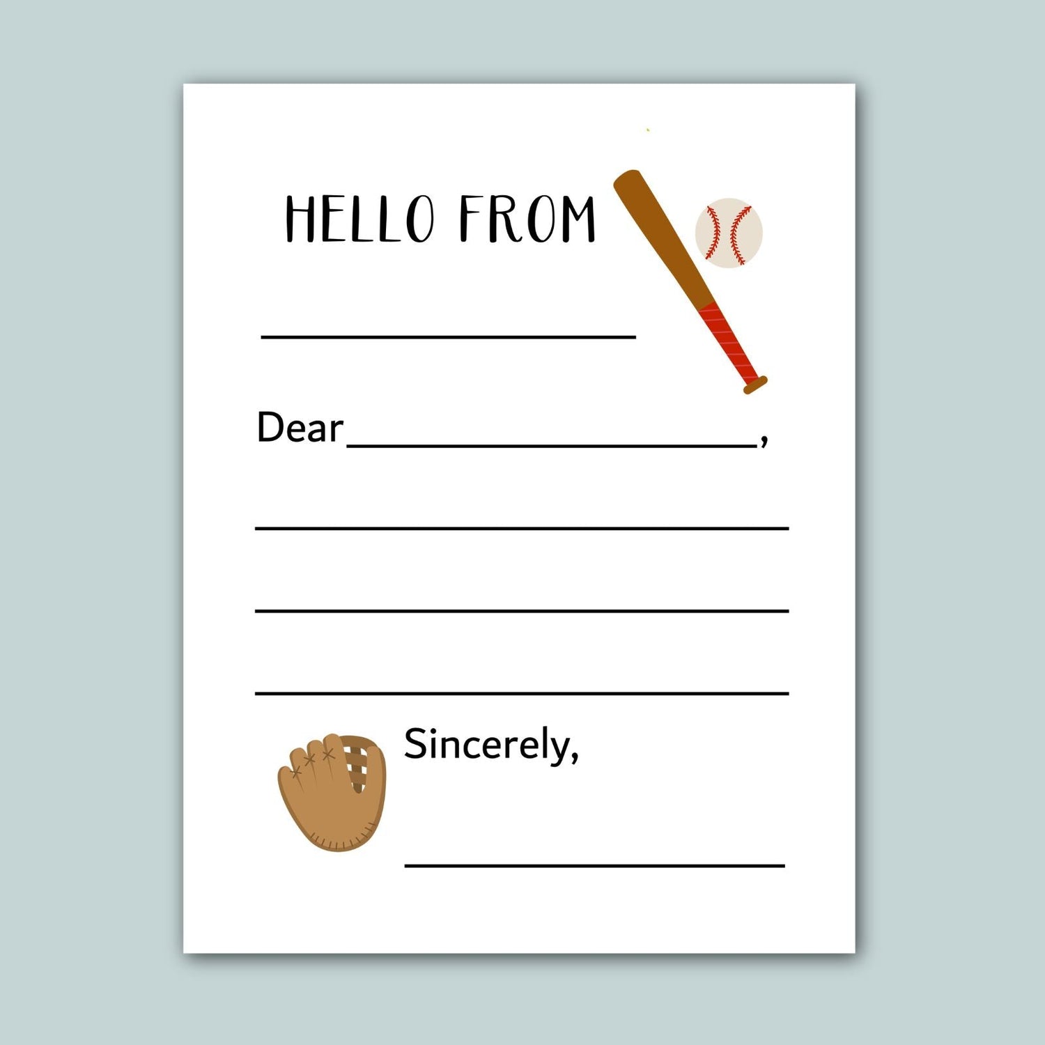 a baseball-themed letterhead with a baseball bat and ball, along with a blank space for a message.