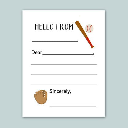a baseball-themed letterhead with a baseball bat and ball, along with a blank space for a message.