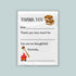 The image is a printed thank you card with a design that includes a marshmallow, a campfire, and a note expressing gratitude.