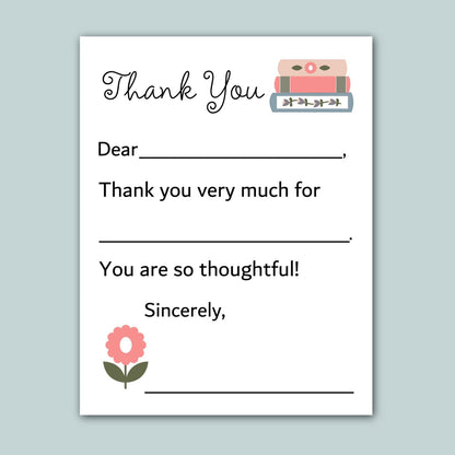 The image is a blank thank you card with a pink flower and a stack of books as decoration.