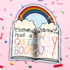 Open book with rainbow text on a pink background with sprinkles