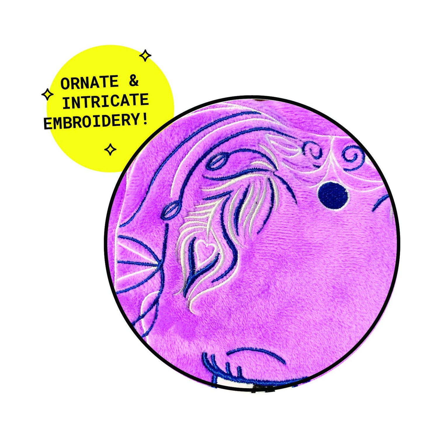 Purple round object with intricate embroidery design on a white background