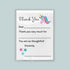 The image is a white thank you card with a unicorn illustration and stars. The card has a blank space for a recipient&