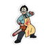 Cartoon character in an apron holding a chainsaw on a white background