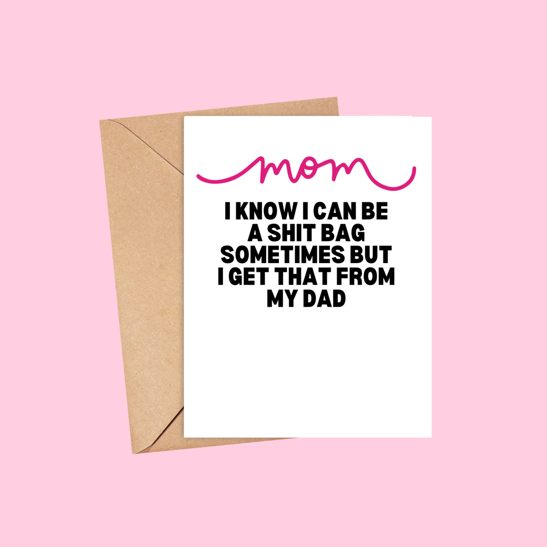 Card with humorous text on a pink background
