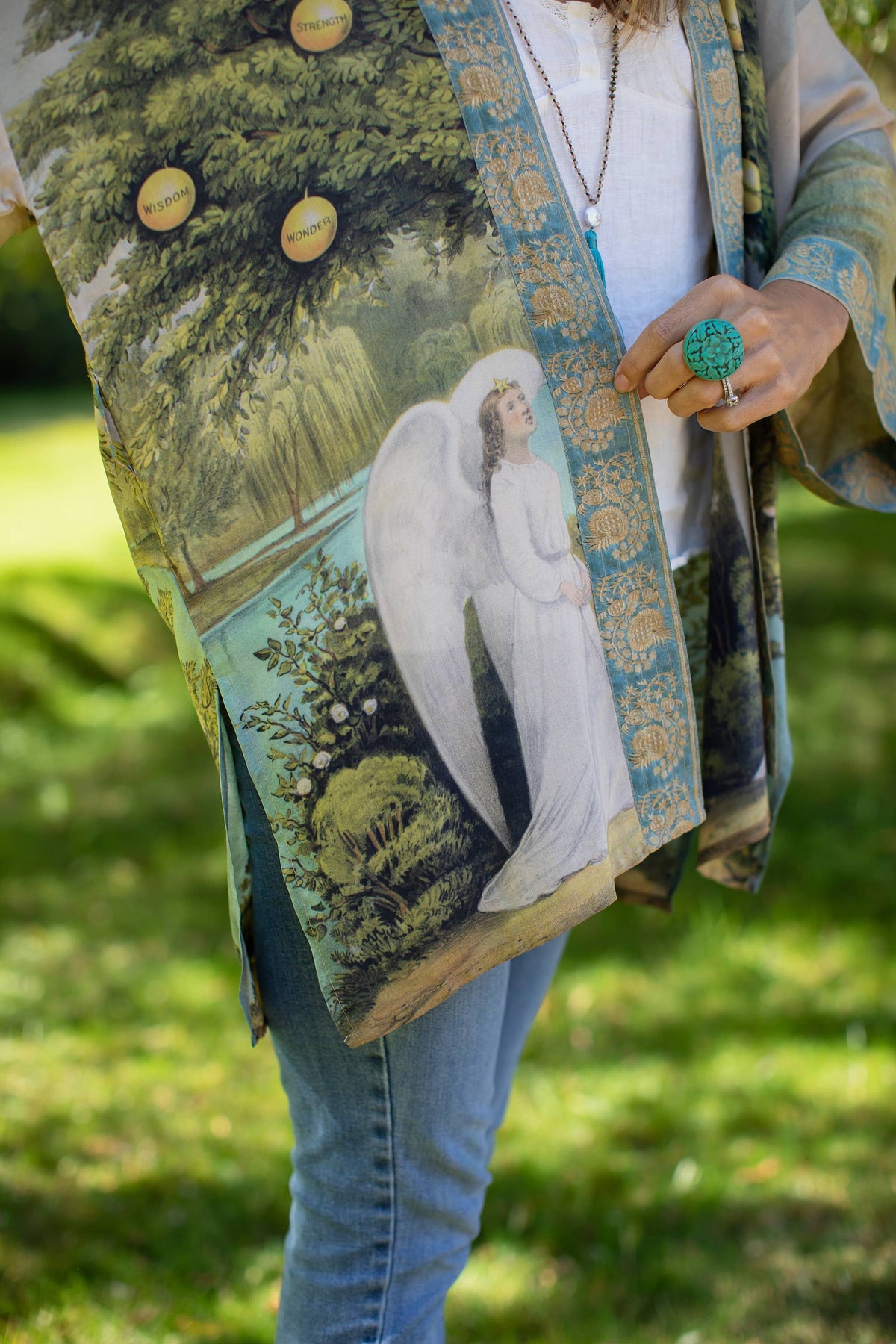 Tree of Life Bamboo Bohemian Kimono Cardigan with Belt