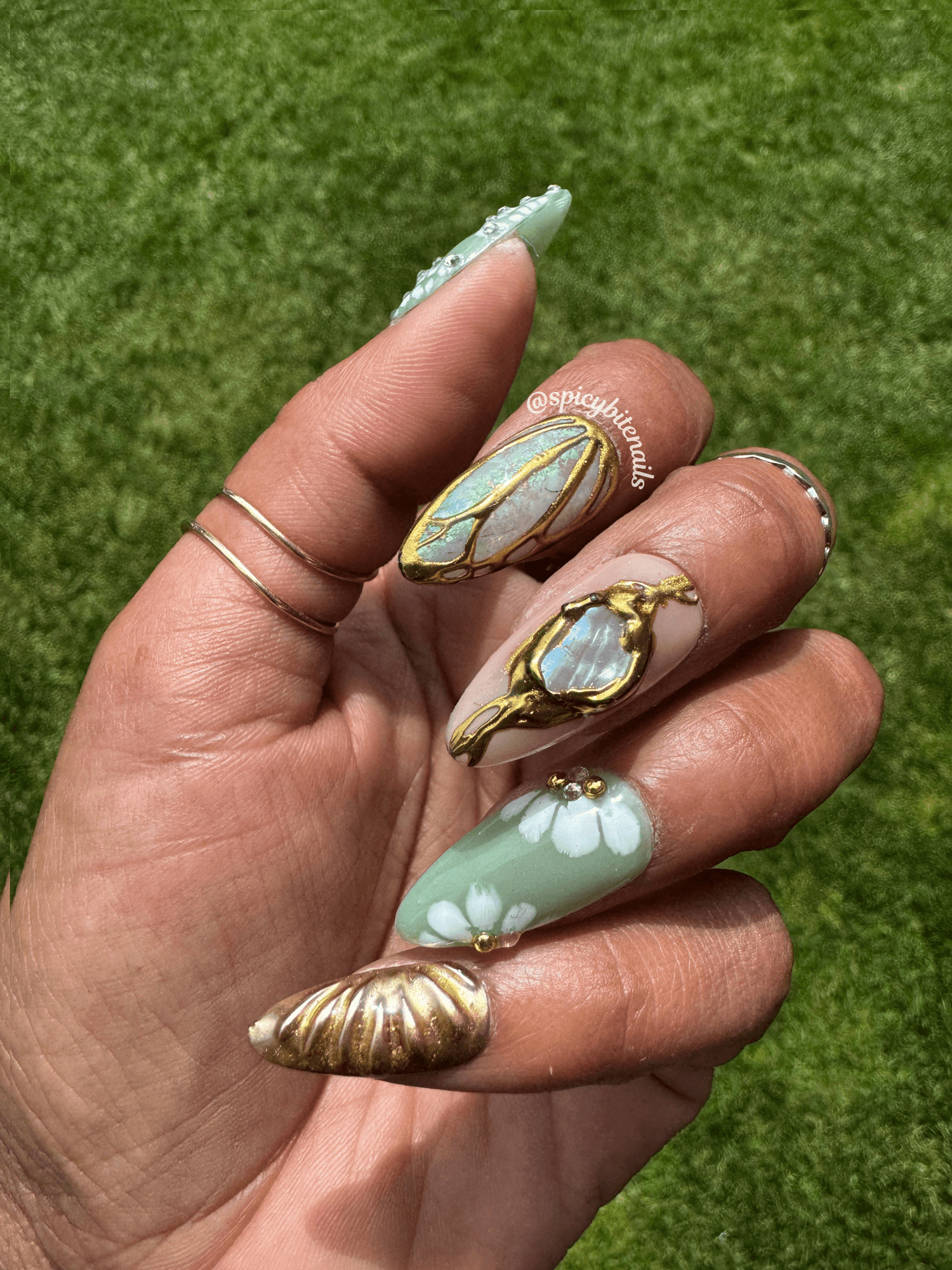 Moss and Moonlight – Sage Green and Gold Chrome Floral and Opal Elegant Press-On Nail Extensions 10pcs