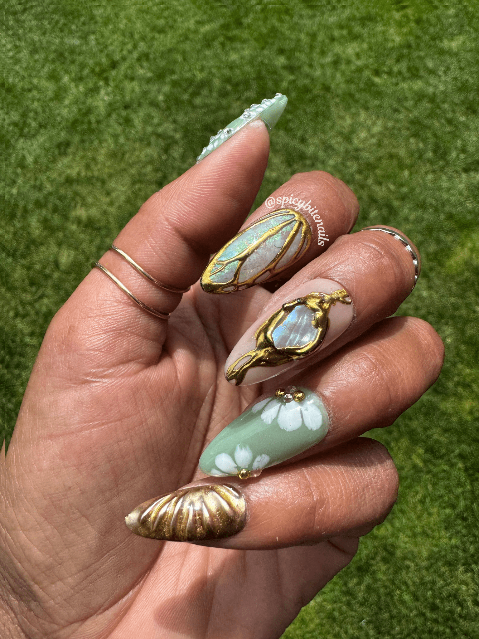 Moss and Moonlight – Sage Green and Gold Chrome Floral and Opal Elegant Press-On Nail Extensions 10pcs