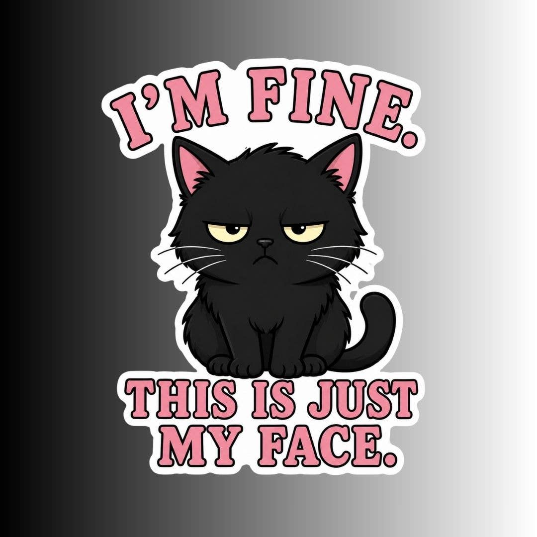 A graphic sticker design featuring a grumpy black cat with yellow eyes and the text &