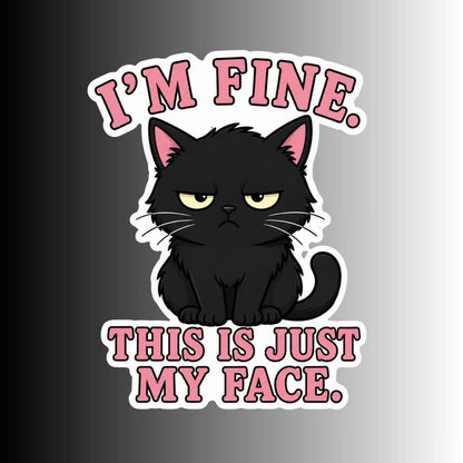 A graphic sticker design featuring a grumpy black cat with yellow eyes and the text &