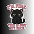 A graphic sticker design featuring a grumpy black cat with yellow eyes and the text &