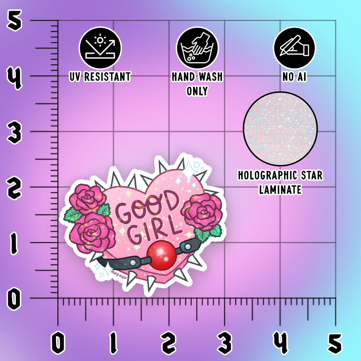 A product information graphic for a die-cut sticker featuring a pink heart with roses and the text &