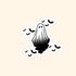 A die-cut sticker featuring a black and white gradient ghost surrounded by small black bats, shown on a light beige background.