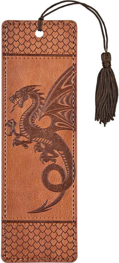 Brown leather bookmark with embossed dragon design and tassel