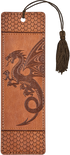 Brown leather bookmark with embossed dragon design and tassel