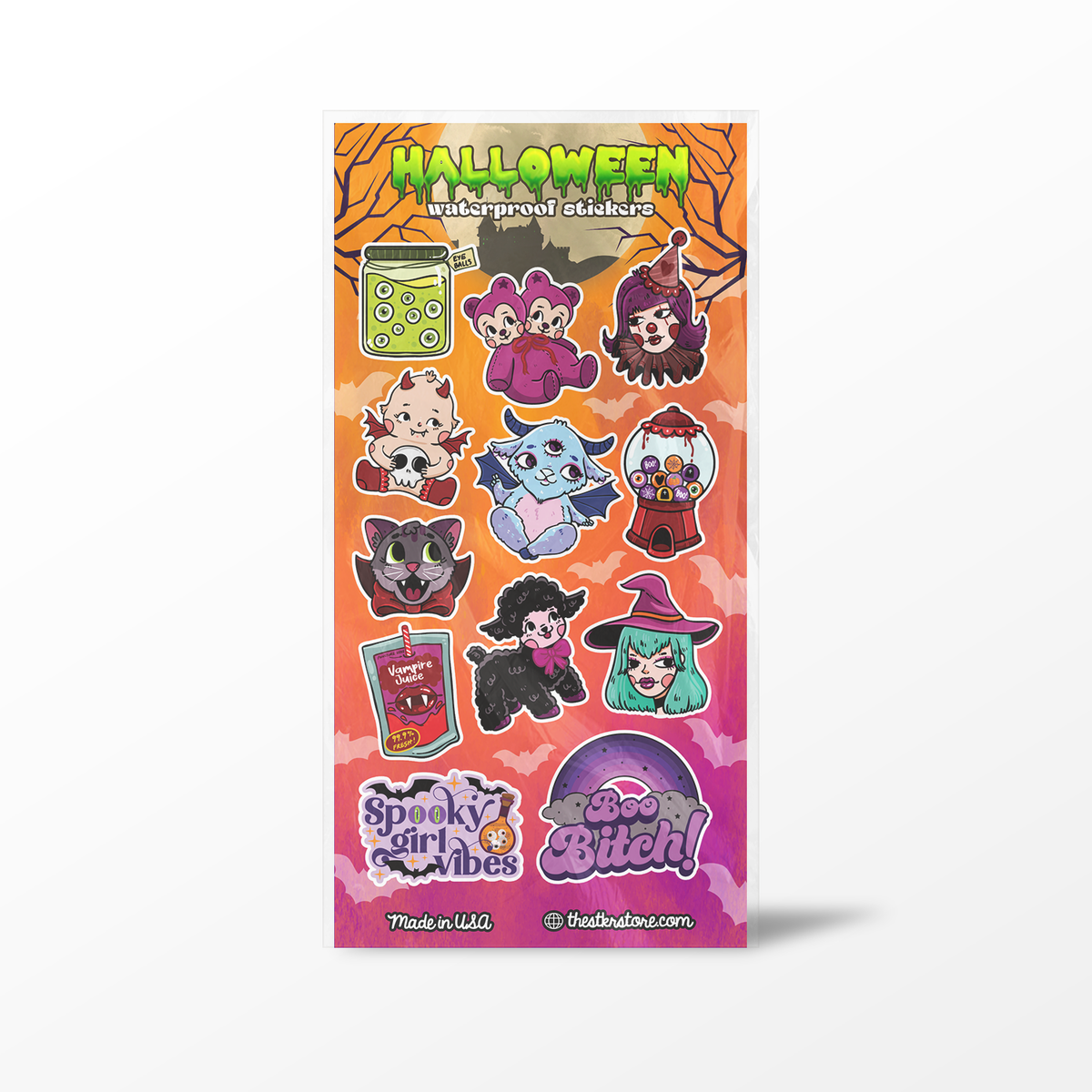 A vertical sticker sheet featuring cute cartoon characters in Halloween-themed outfits, including a witch, vampire, ghost, gumball machine, potion bottle, and spooky animals. The sheet has an orange-to-pink gradient background with &