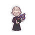 Cartoon character with a grid on head holding flowers on a white background