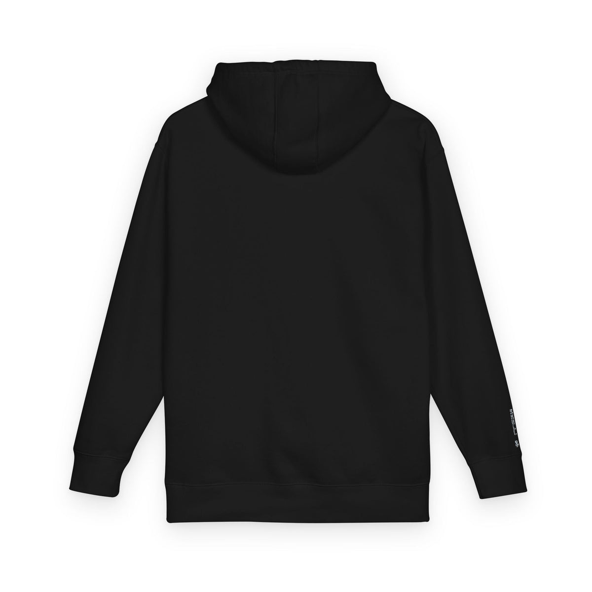 Black hoodie with brand logos on sleeves against a white background