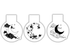 Three decorative items with crescent moon and floral designs on a white background