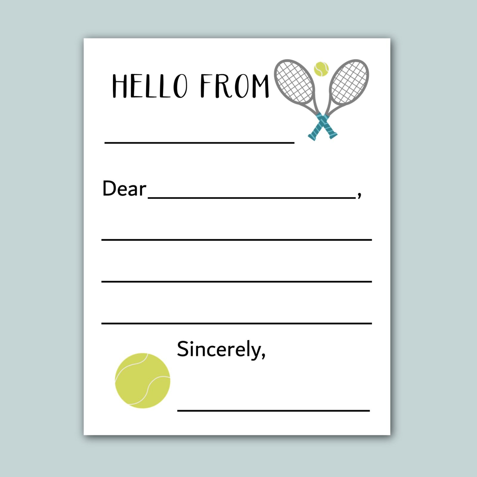 The image is a blank letterhead with a tennis racket and ball graphic, and the text "Hello from" at the top.