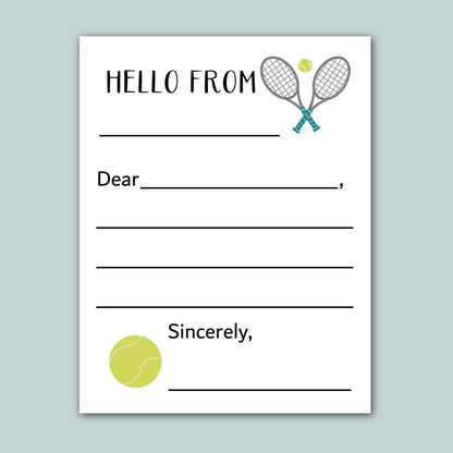 The image is a blank letterhead with a tennis racket and ball graphic, and the text "Hello from" at the top.