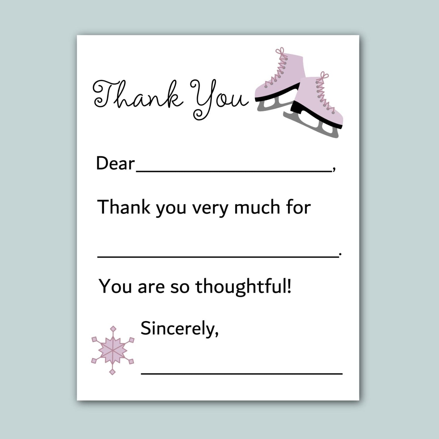 The image is a white card with a pair of pink ice skates on top, and it contains a message of gratitude.