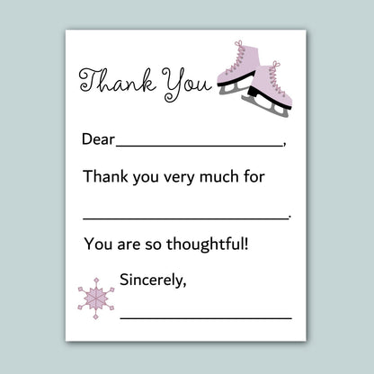 The image is a white card with a pair of pink ice skates on top, and it contains a message of gratitude.