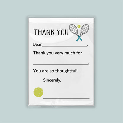 The image is a white card with a tennis racket and ball graphic, and a message expressing gratitude.