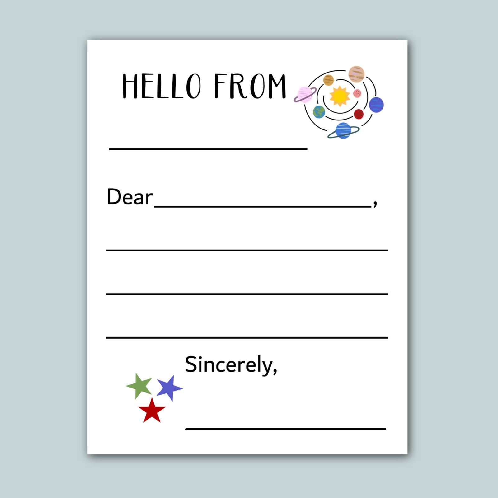 The image is a blank letterhead with a space-themed design, including planets and stars, and a message that reads "Hello from" followed by an empty space for a response.